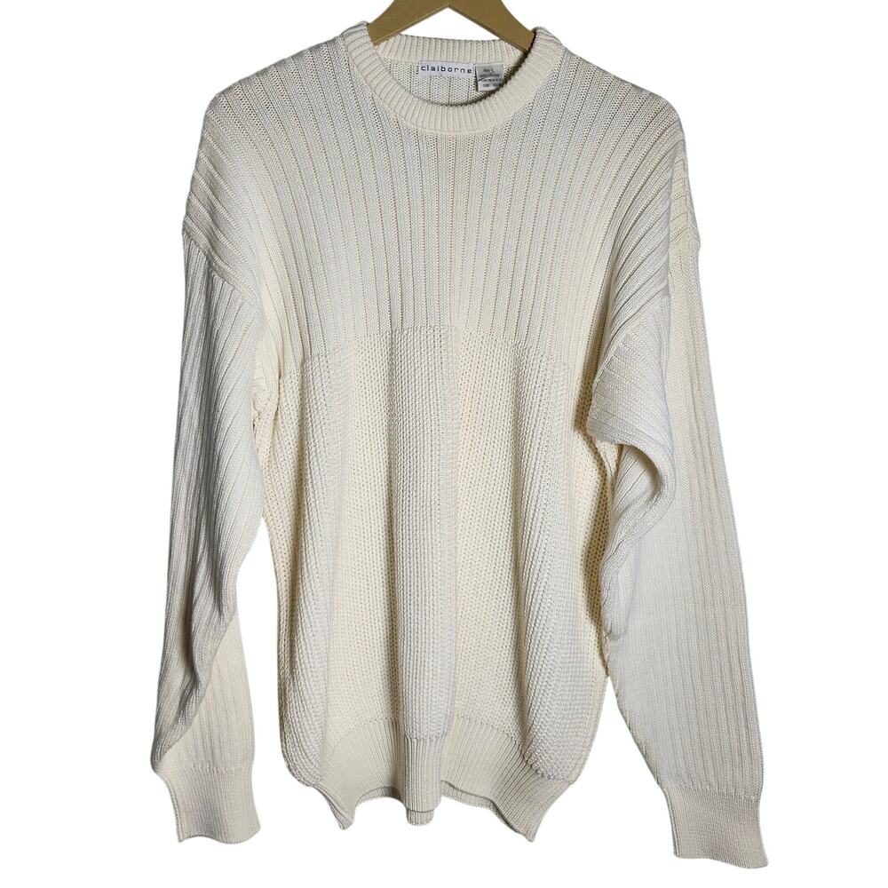Vintage Men's Claiborne 100% Cotton Crew Neck Cream Sweater Size Large